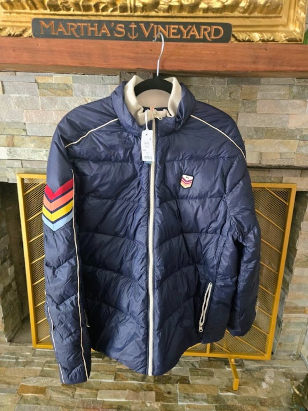 NWT Marine Layer Bode Puffer Jacket Navy Blue Large Retro Chevron Ski, SZ XL